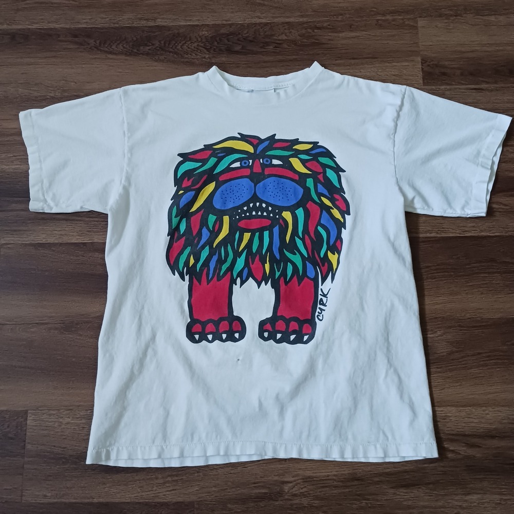 Vintage Cyrk Lion Graphic T-Shirt Mens Large White Single Stitch Made in USA